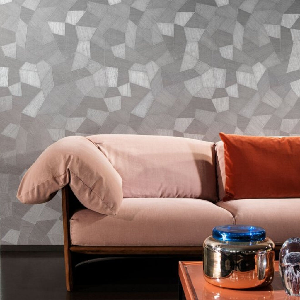 3D Effect Wallpaper, pink couch and metal vase