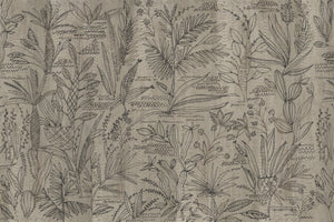 close up of a floral wallpaper with black ornamental leaves on it