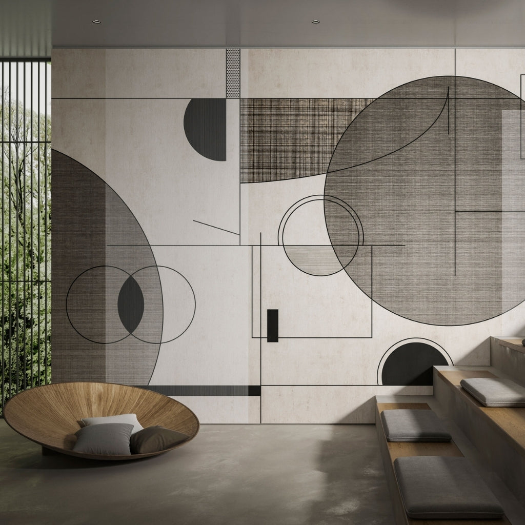 gray circles and square shapes on the wallpaper, wooden round armchair that  looks like a plate. 