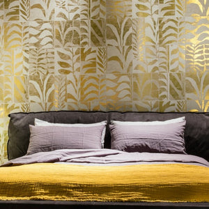 Golden Floral Wallpaper  and a bed with yellow cover
