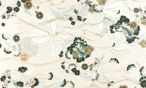 close up image of a wallpaper with floral elements of green and cream colors