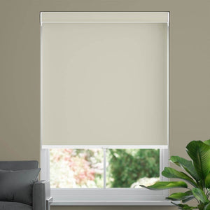 cream colored roller shade, half closed on the window. A green plant on the right side of the room.