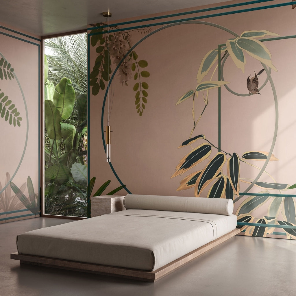 Tropical style wallpaper on the light pink background with green detailed leaves and a bird. Bed in front of the wall